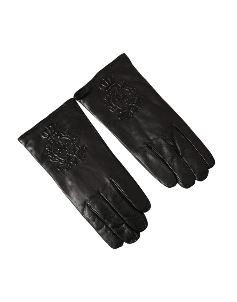 Black Leather Embossed Logo Short Hands Gloves-Dolce & Gabbana-LabelTerrace.com