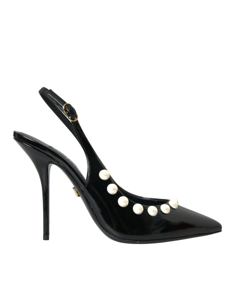 Black Leather Faux Pearl Heel Slingback Shoes-Dolce & Gabbana-LabelTerrace.com