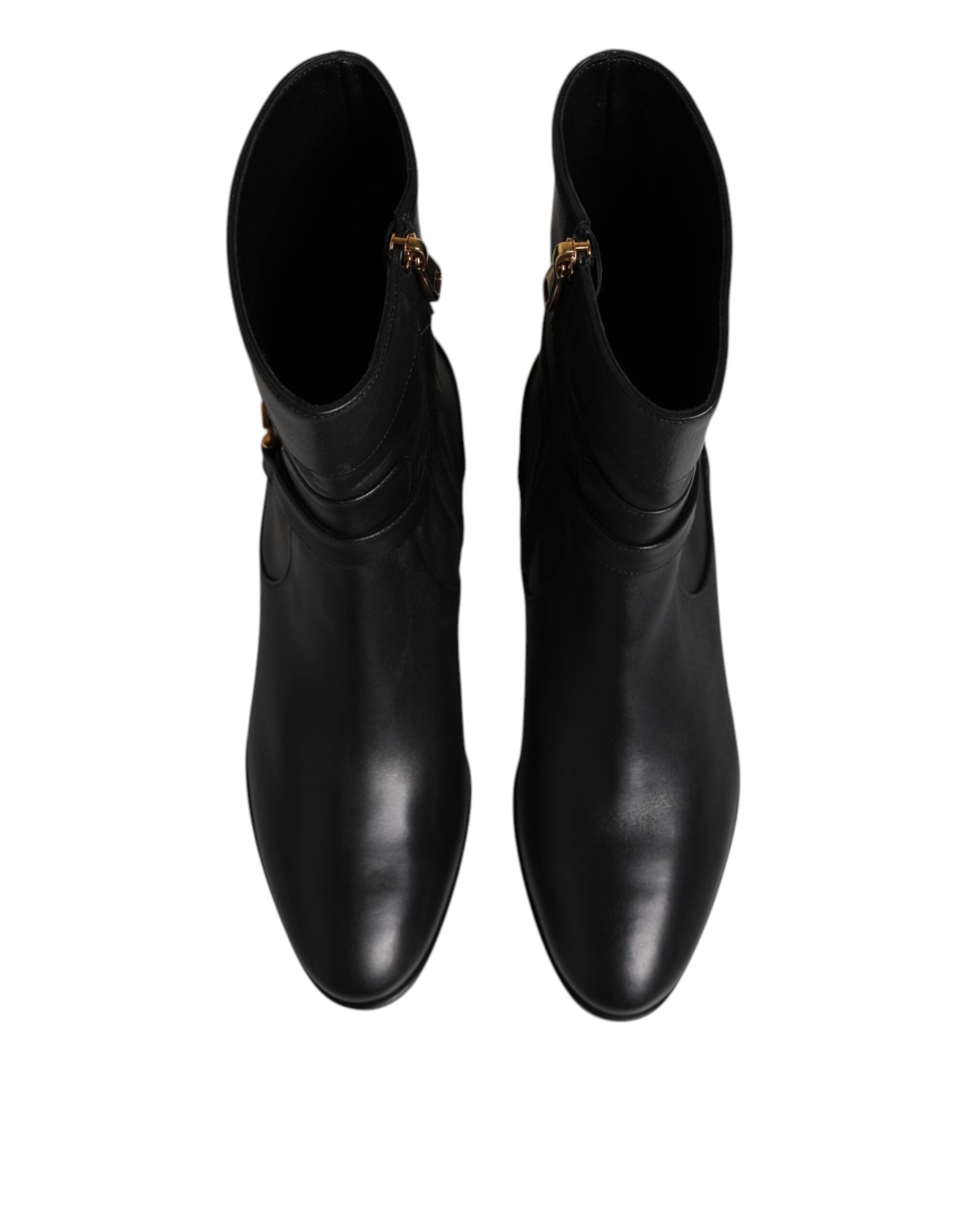 Black Leather Flats Logo Short Boots Shoes-Dolce & Gabbana-LabelTerrace.com