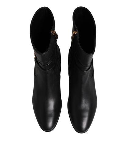 Black Leather Flats Logo Short Boots Shoes-Dolce & Gabbana-LabelTerrace.com