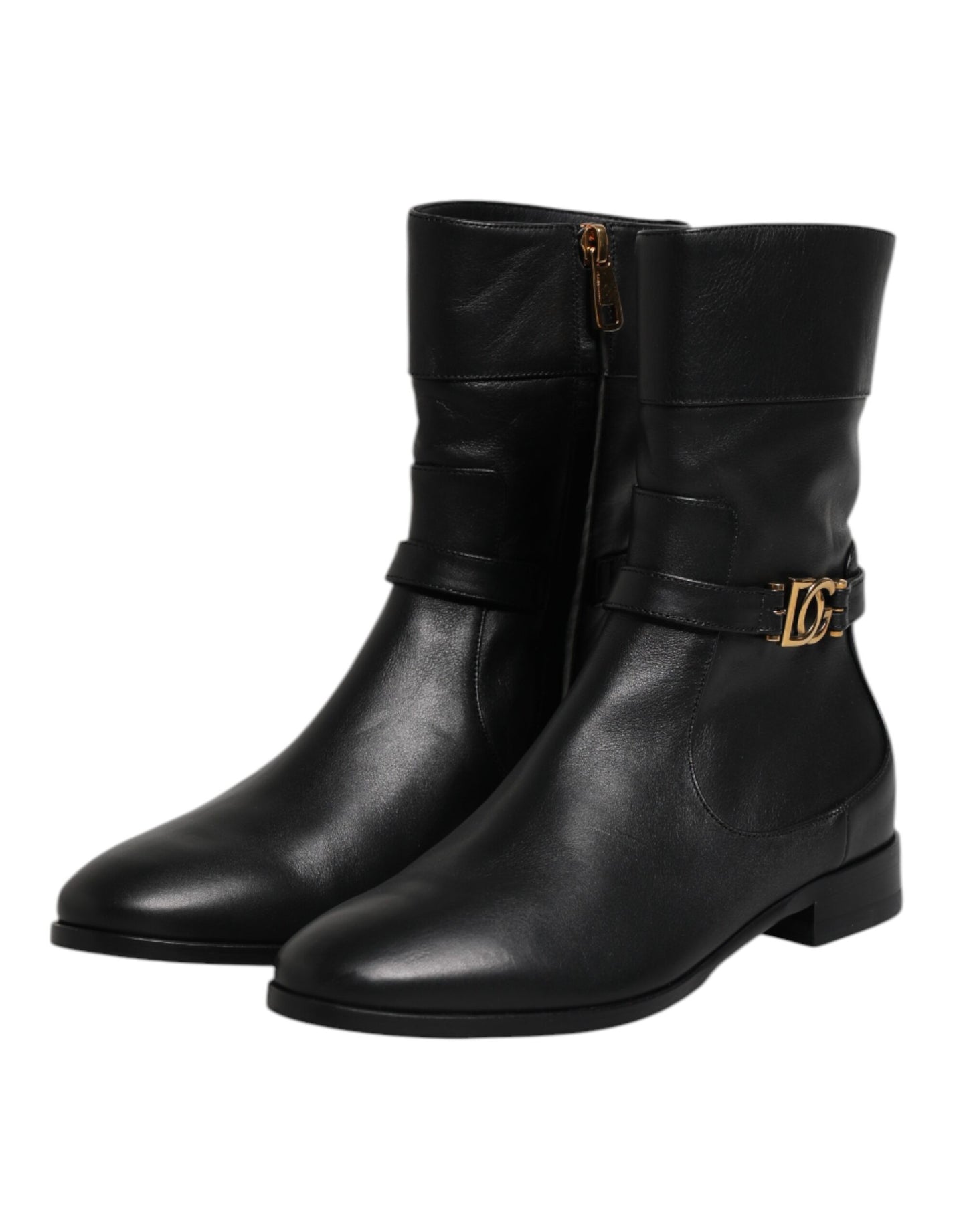 Black Leather Flats Logo Short Boots Shoes-Dolce & Gabbana-LabelTerrace.com