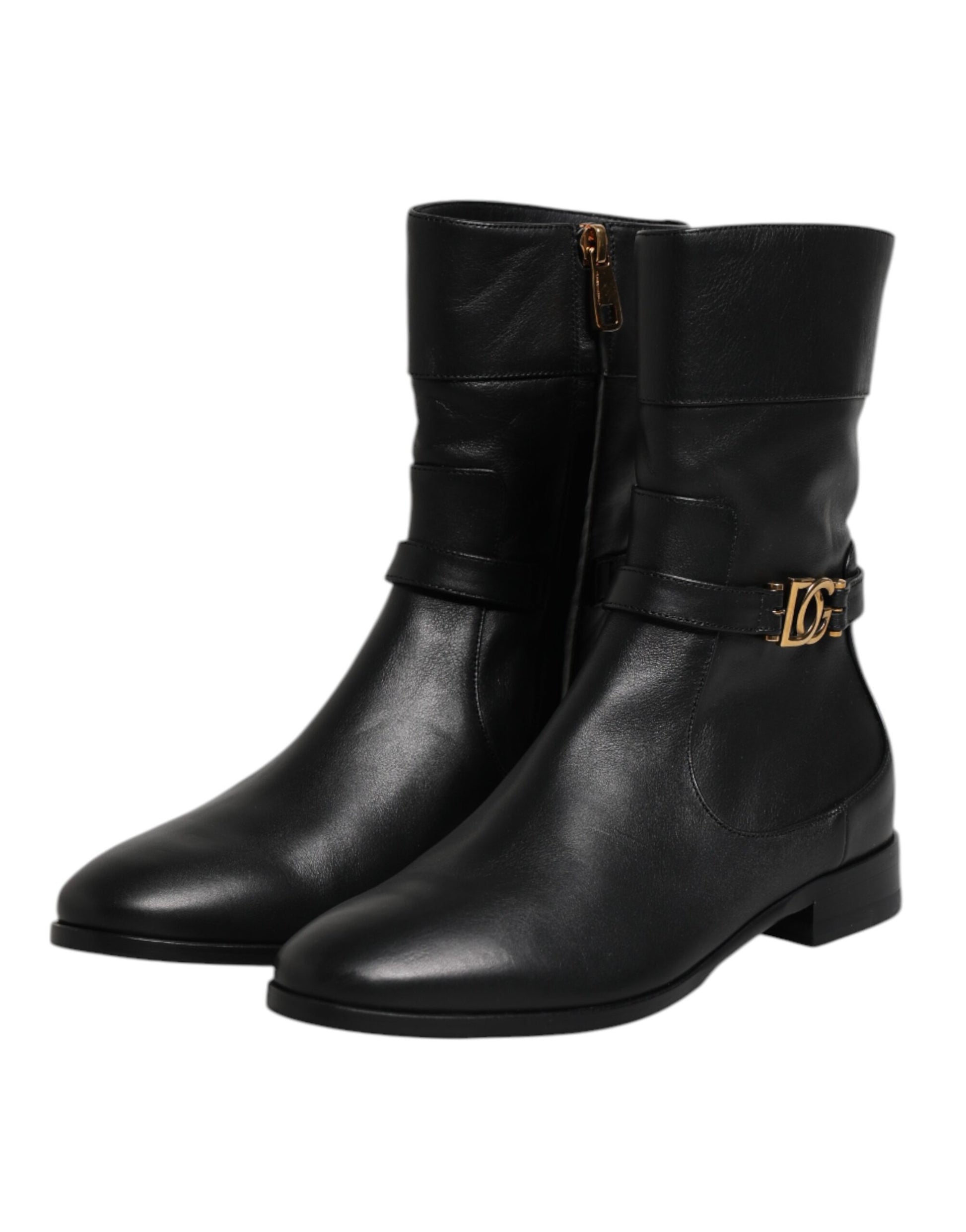 Black Leather Flats Logo Short Boots Shoes-Dolce & Gabbana-LabelTerrace.com
