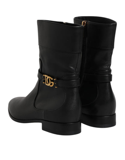 Black Leather Flats Logo Short Boots Shoes-Dolce & Gabbana-LabelTerrace.com