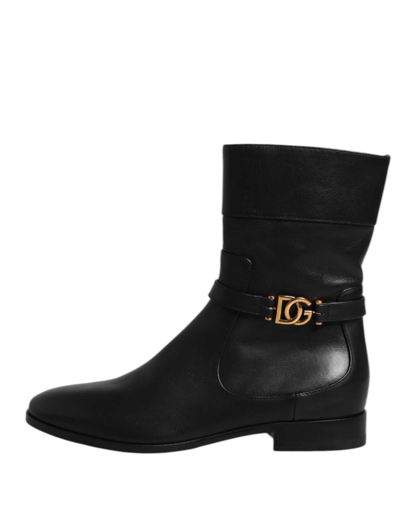 Black Leather Flats Logo Short Boots Shoes-Dolce & Gabbana-LabelTerrace.com