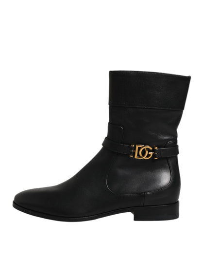 Black Leather Flats Logo Short Boots Shoes-Dolce & Gabbana-LabelTerrace.com