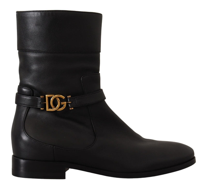 Black Leather Flats Logo Short Boots Shoes-Dolce & Gabbana-LabelTerrace.com