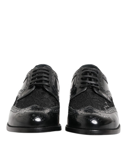 Black Leather Floral Lace Dress Formal Shoes-Dolce & Gabbana-LabelTerrace.com