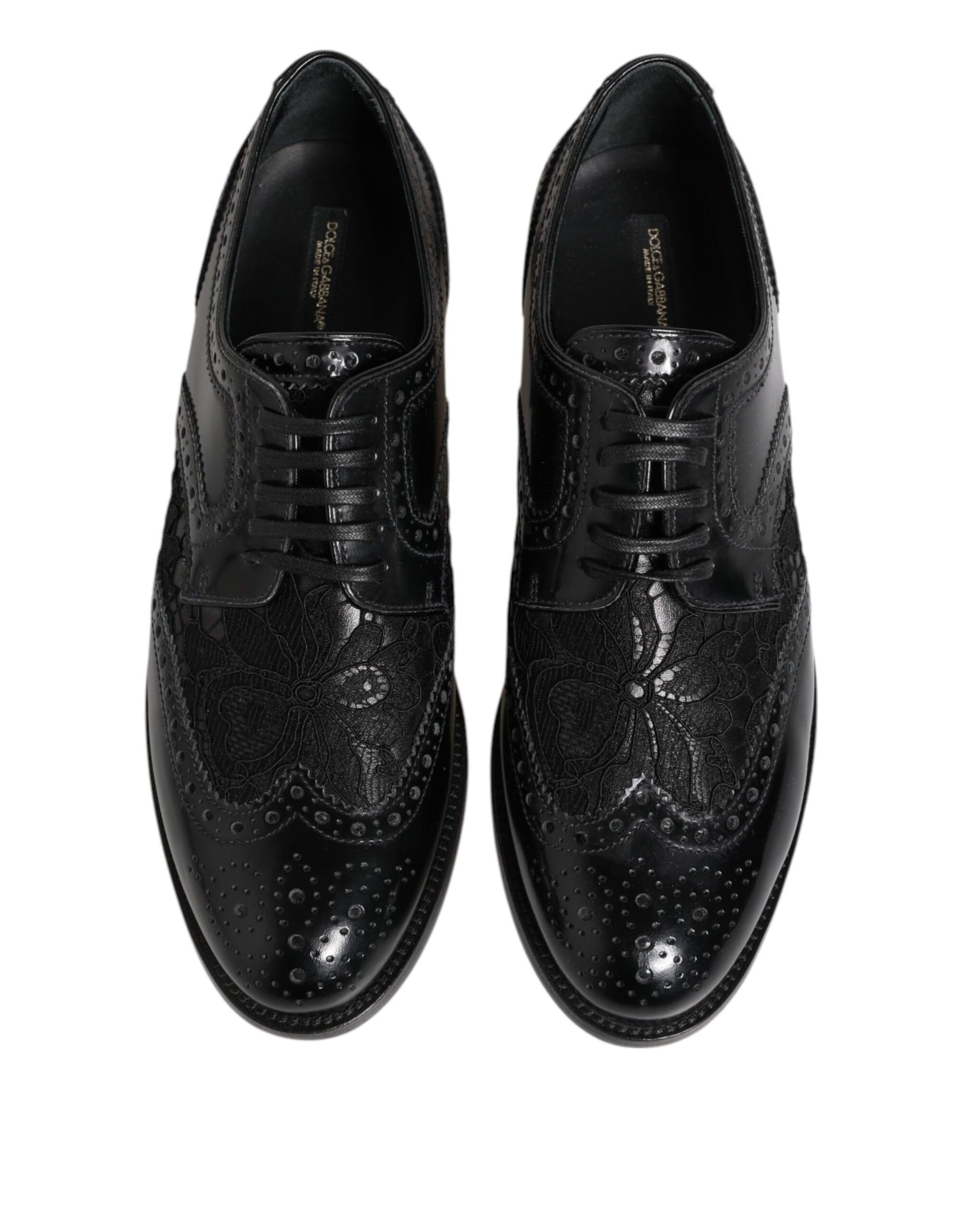 Black Leather Floral Lace Dress Formal Shoes-Dolce & Gabbana-LabelTerrace.com