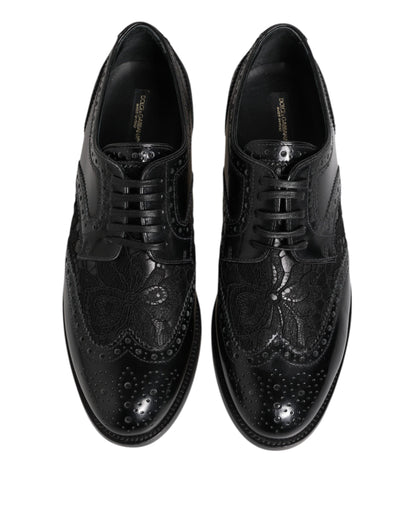 Black Leather Floral Lace Dress Formal Shoes-Dolce & Gabbana-LabelTerrace.com