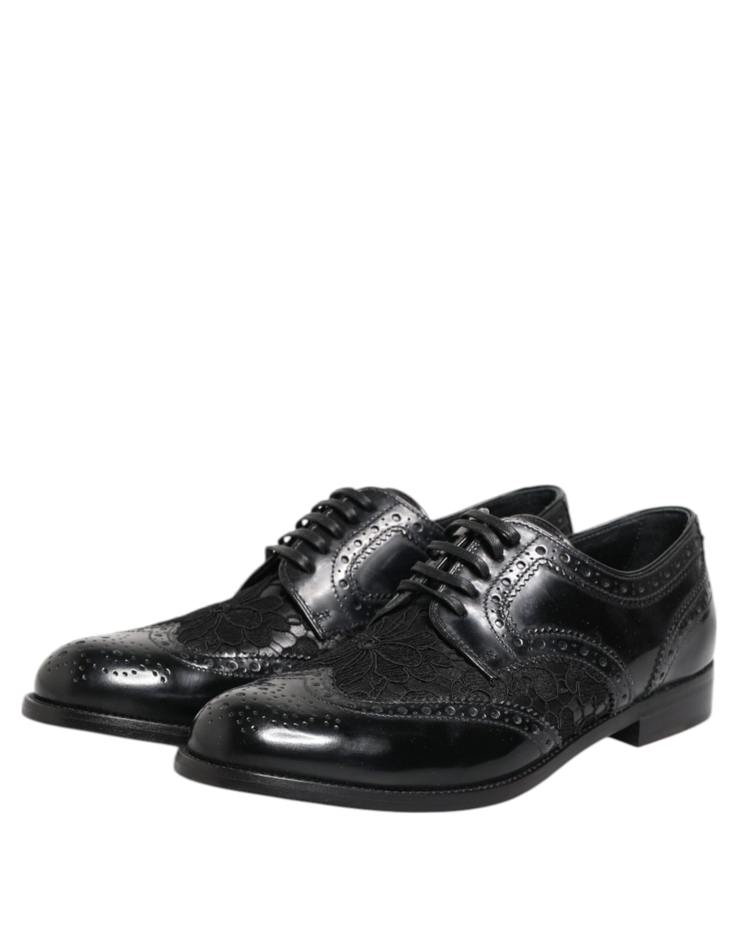 Black Leather Floral Lace Dress Formal Shoes-Dolce & Gabbana-LabelTerrace.com
