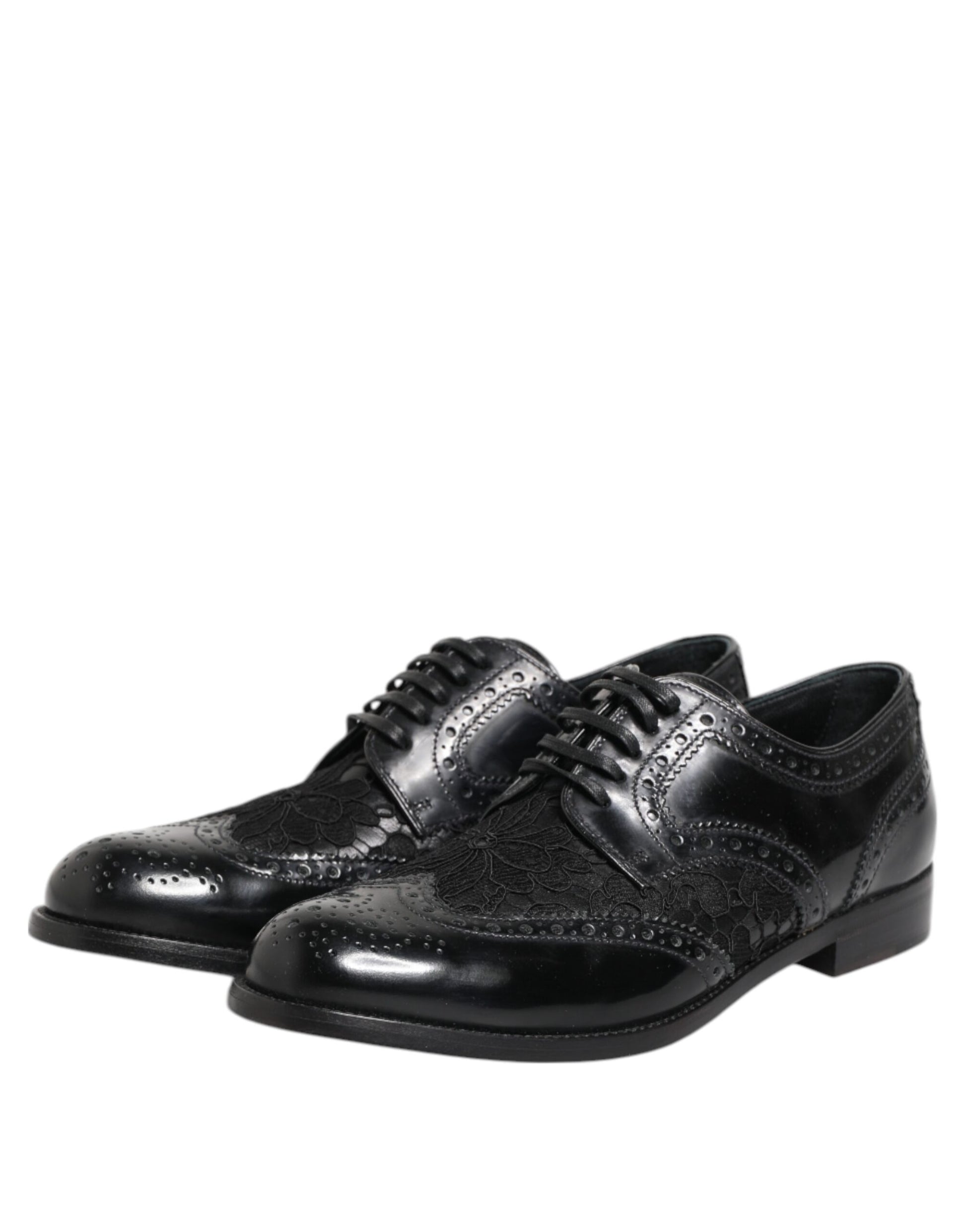 Black Leather Floral Lace Dress Formal Shoes-Dolce & Gabbana-LabelTerrace.com