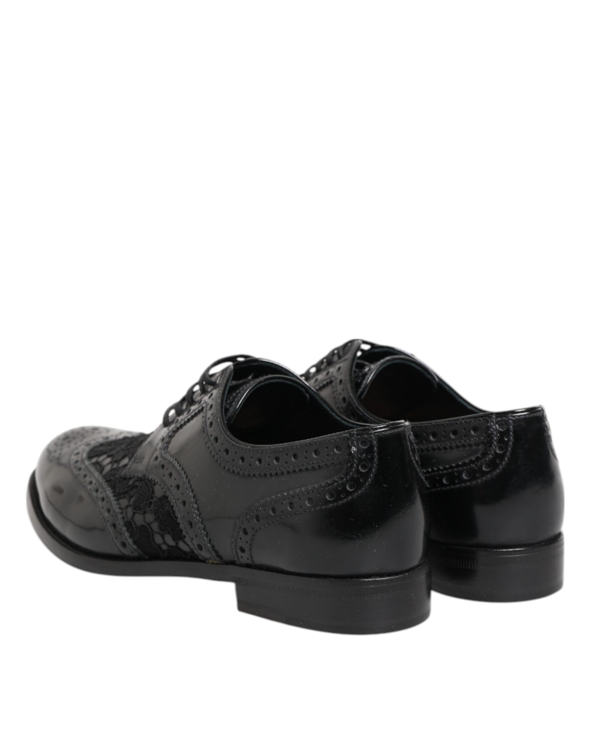 Black Leather Floral Lace Dress Formal Shoes-Dolce & Gabbana-LabelTerrace.com