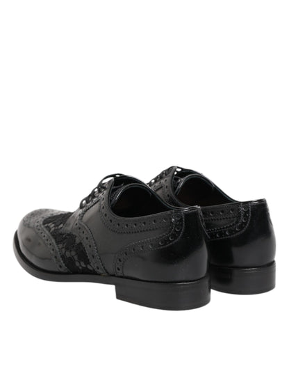 Black Leather Floral Lace Dress Formal Shoes-Dolce & Gabbana-LabelTerrace.com