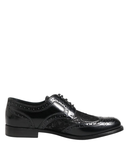 Black Leather Floral Lace Dress Formal Shoes-Dolce & Gabbana-LabelTerrace.com