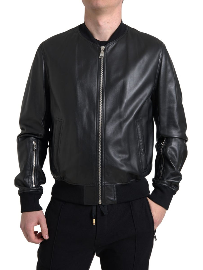 Black Leather Full Zip Bomber Men Jacket-Dolce & Gabbana-LabelTerrace.com