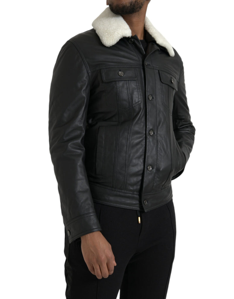 Black Leather Fur Collar Biker Coat Jacket-Dolce & Gabbana-LabelTerrace.com