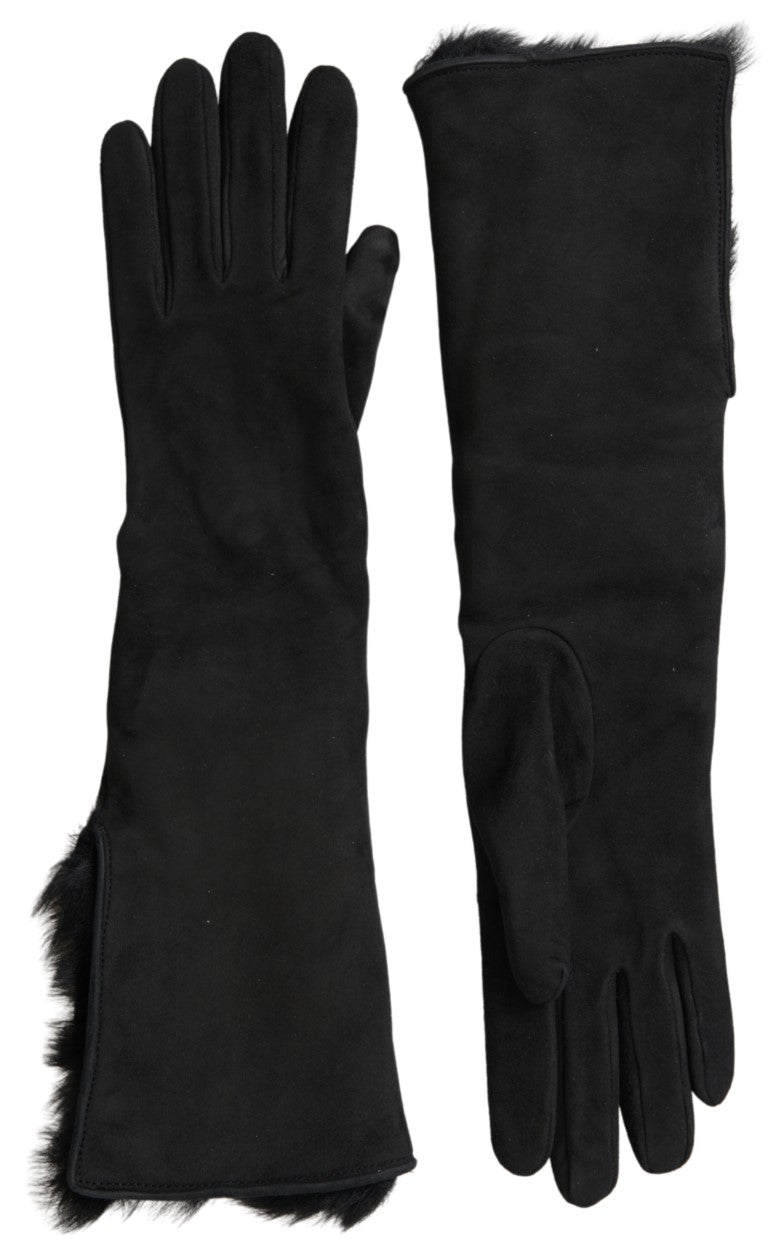 Black Leather Fur Elbow Length Gloves-Dolce & Gabbana-LabelTerrace.com