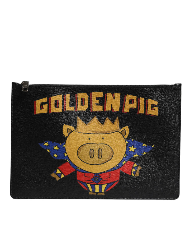 Black Leather Golden Pig Print Men Clutch Pouch Borse Bag-Dolce & Gabbana-LabelTerrace.com