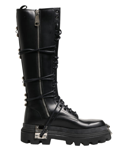 Black Leather Knee High Combat Boots Shoes