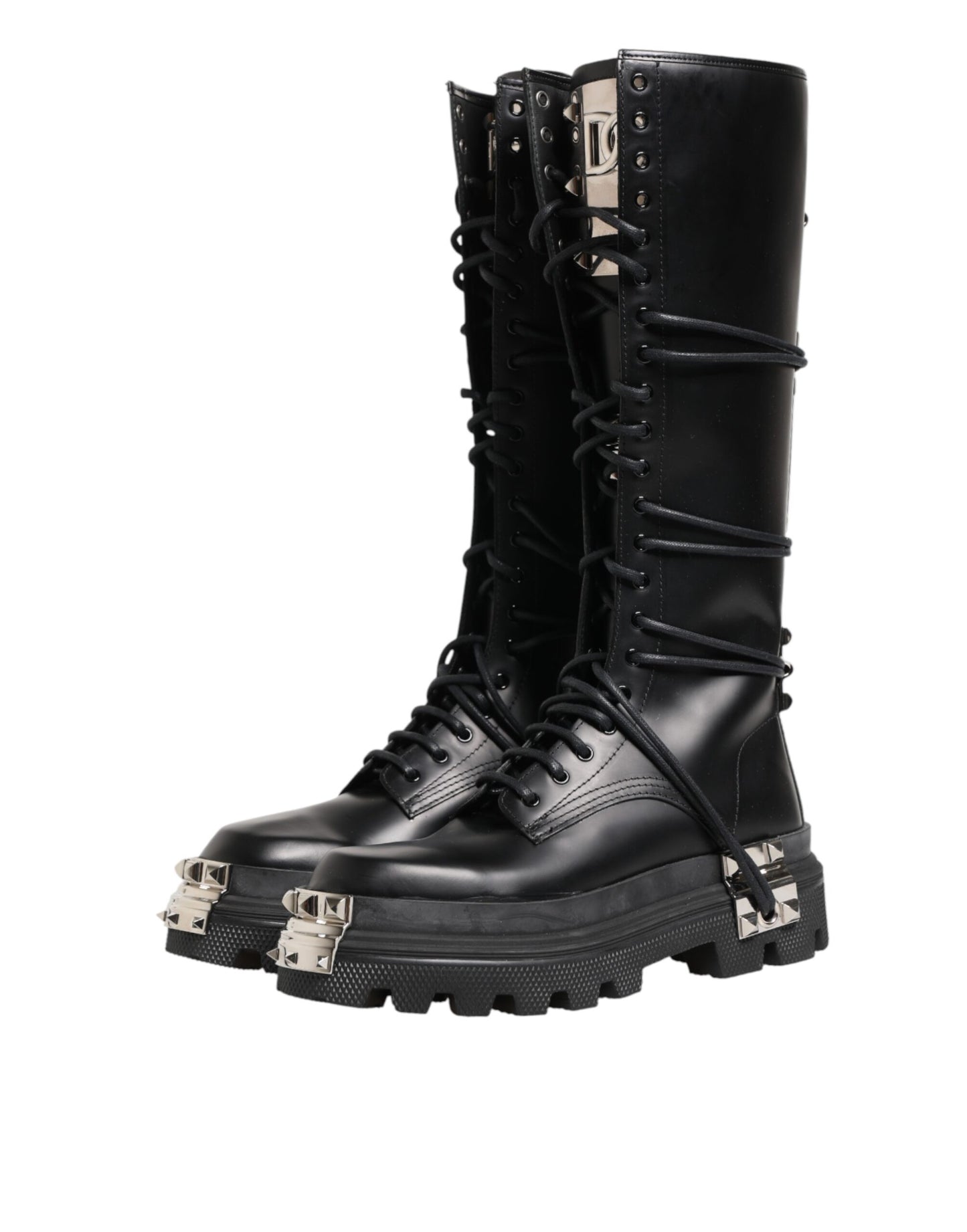 Black Leather Knee High Combat Boots Shoes