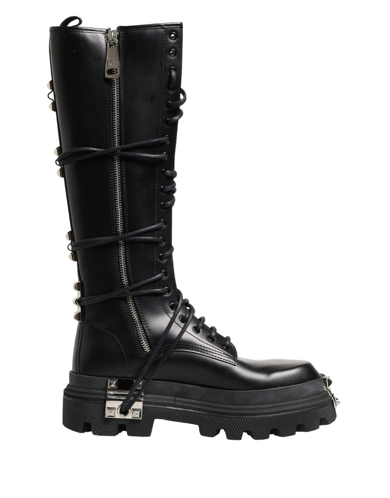 Black Leather Knee High Combat Boots Shoes
