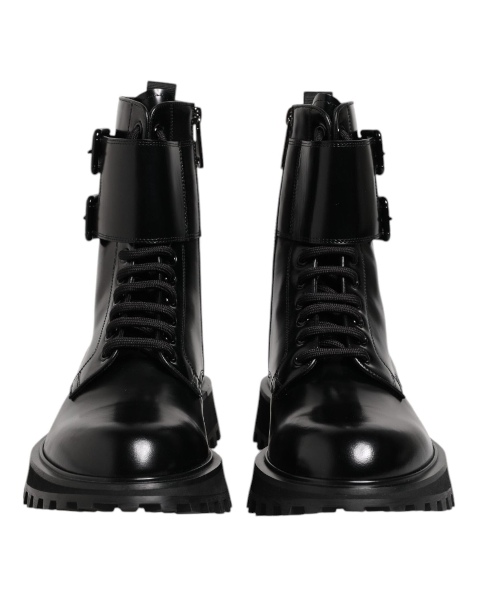 Black Leather Lace Up Mid Calf Boots Shoes-Dolce & Gabbana-LabelTerrace.com