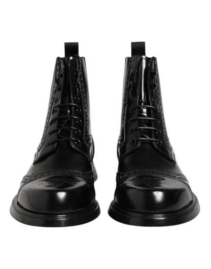 Black Leather Lace Up Mid Calf Boots Shoes