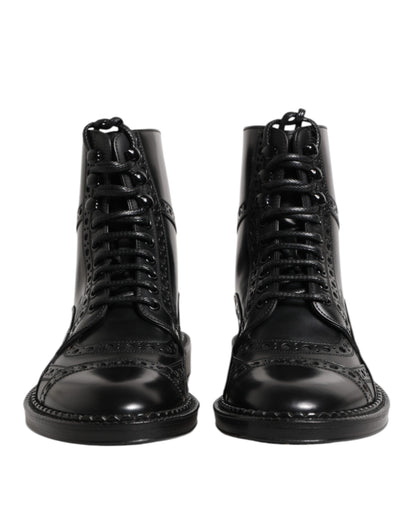 Black Leather Lace Up Mid Calf Boots Shoes-Dolce & Gabbana-LabelTerrace.com