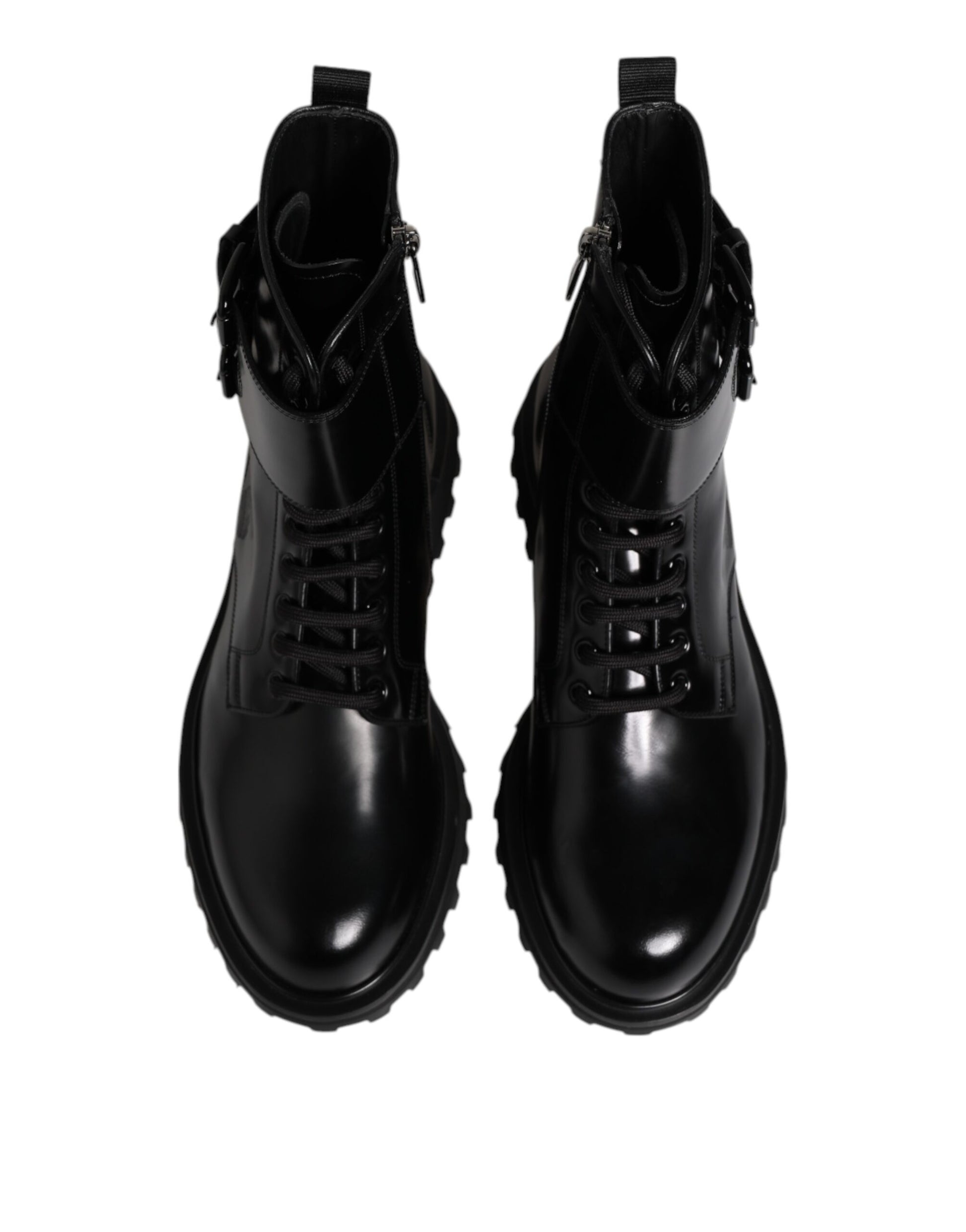 Black Leather Lace Up Mid Calf Boots Shoes-Dolce & Gabbana-LabelTerrace.com