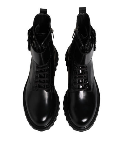 Black Leather Lace Up Mid Calf Boots Shoes-Dolce & Gabbana-LabelTerrace.com