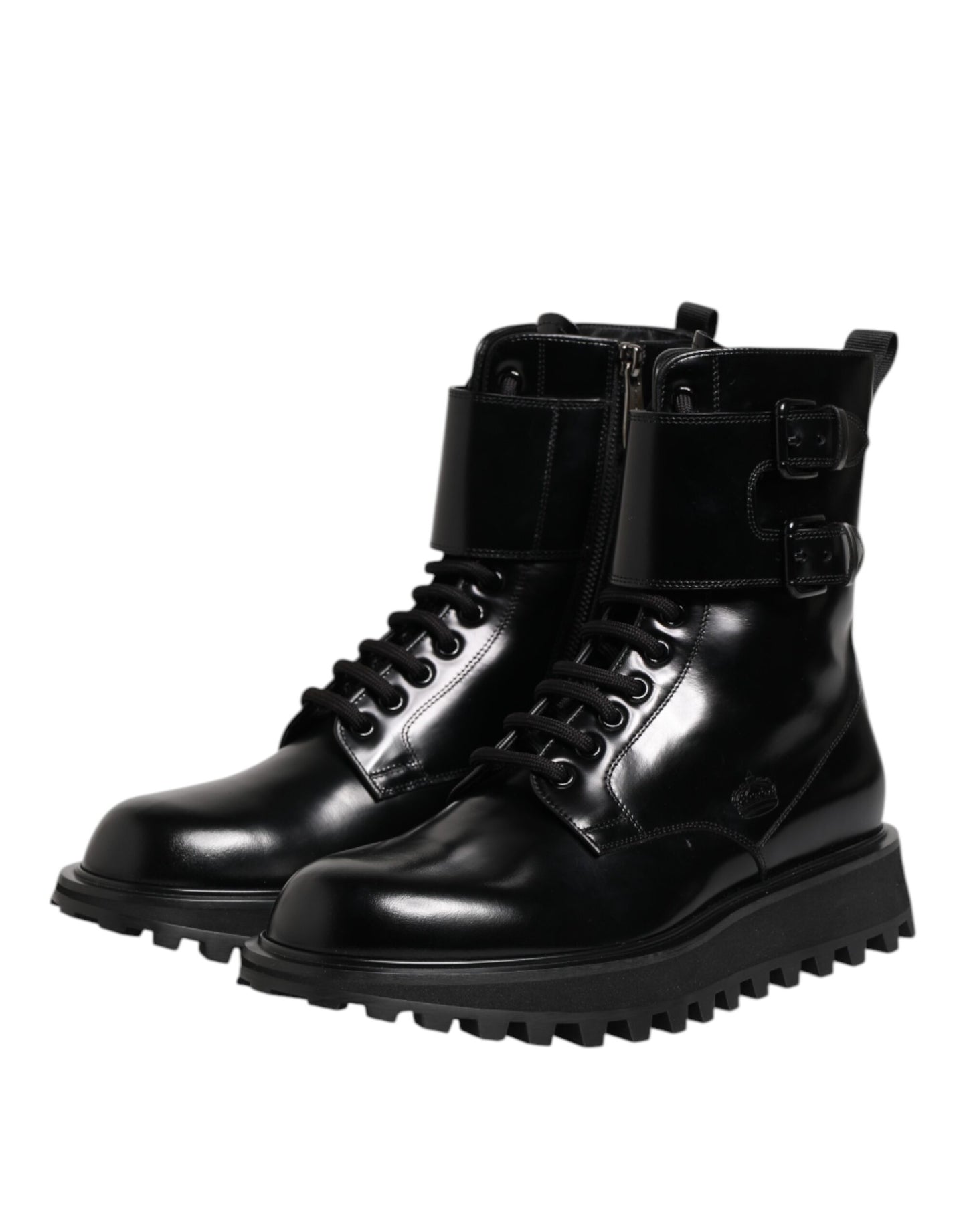 Black Leather Lace Up Mid Calf Boots Shoes-Dolce & Gabbana-LabelTerrace.com