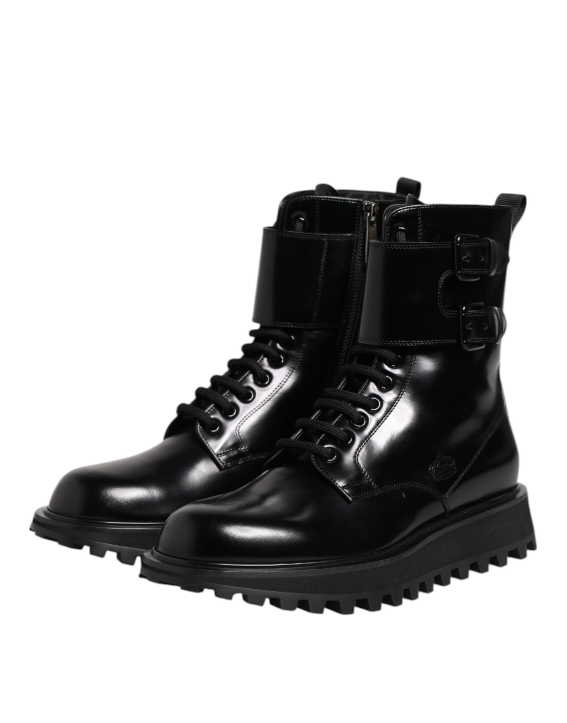 Black Leather Lace Up Mid Calf Boots Shoes-Dolce & Gabbana-LabelTerrace.com