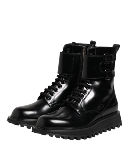Black Leather Lace Up Mid Calf Boots Shoes-Dolce & Gabbana-LabelTerrace.com