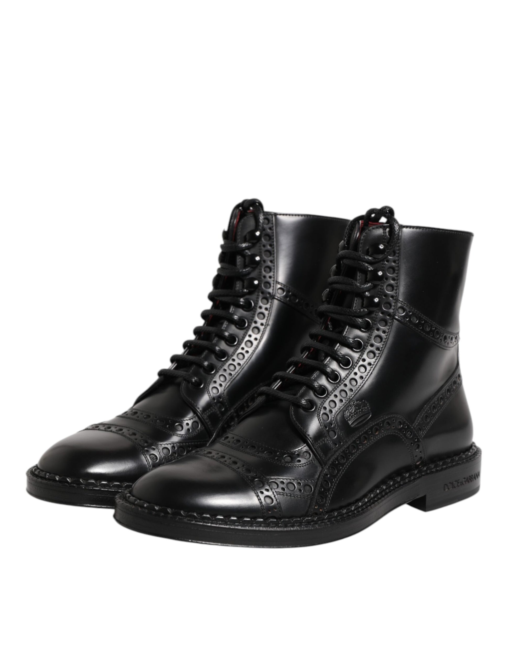 Black Leather Lace Up Mid Calf Boots Shoes-Dolce & Gabbana-LabelTerrace.com