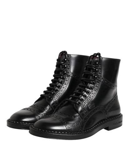Black Leather Lace Up Mid Calf Boots Shoes-Dolce & Gabbana-LabelTerrace.com