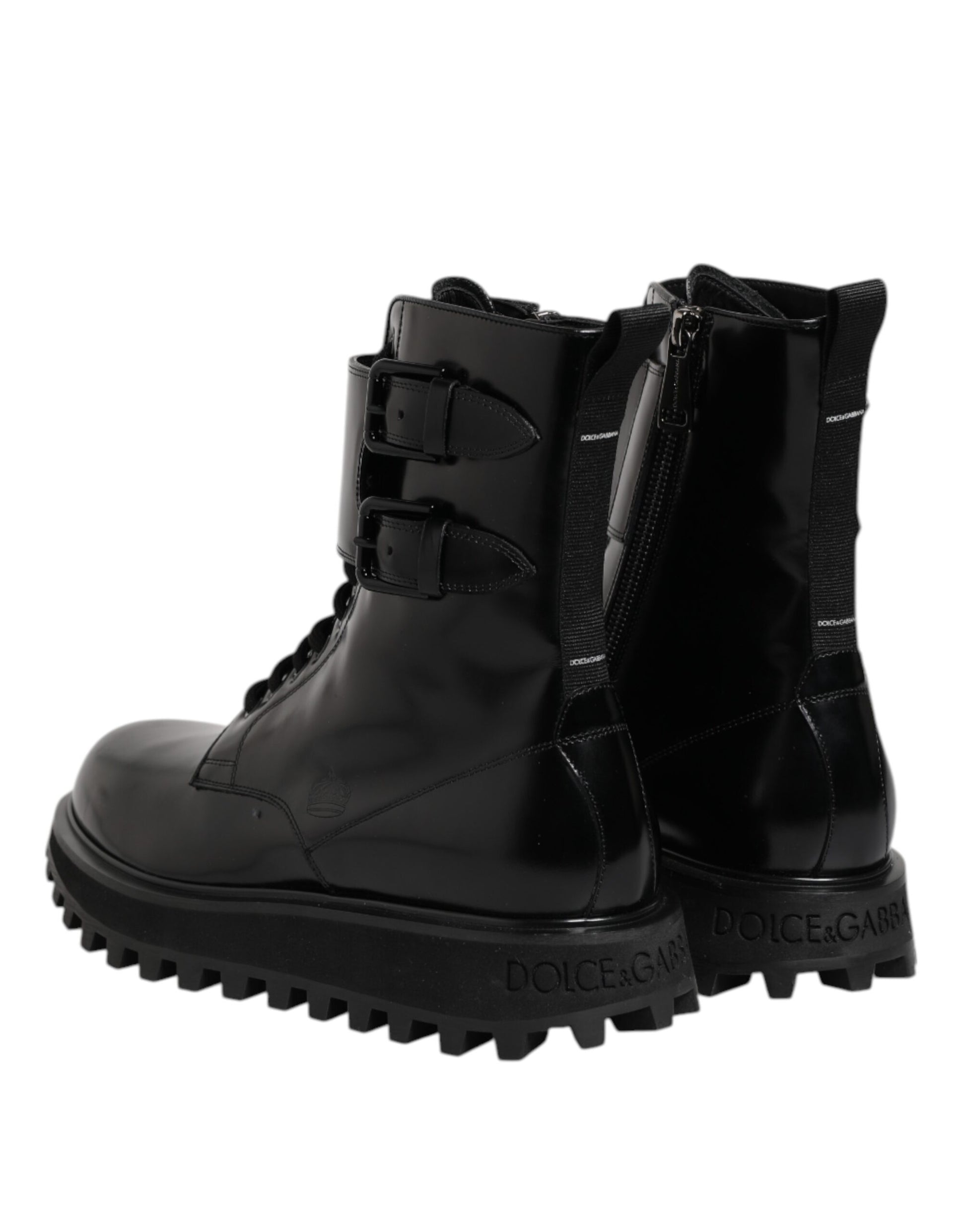 Black Leather Lace Up Mid Calf Boots Shoes-Dolce & Gabbana-LabelTerrace.com