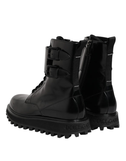 Black Leather Lace Up Mid Calf Boots Shoes-Dolce & Gabbana-LabelTerrace.com