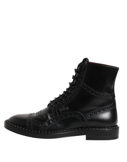 Black Leather Lace Up Mid Calf Boots Shoes-Dolce & Gabbana-LabelTerrace.com