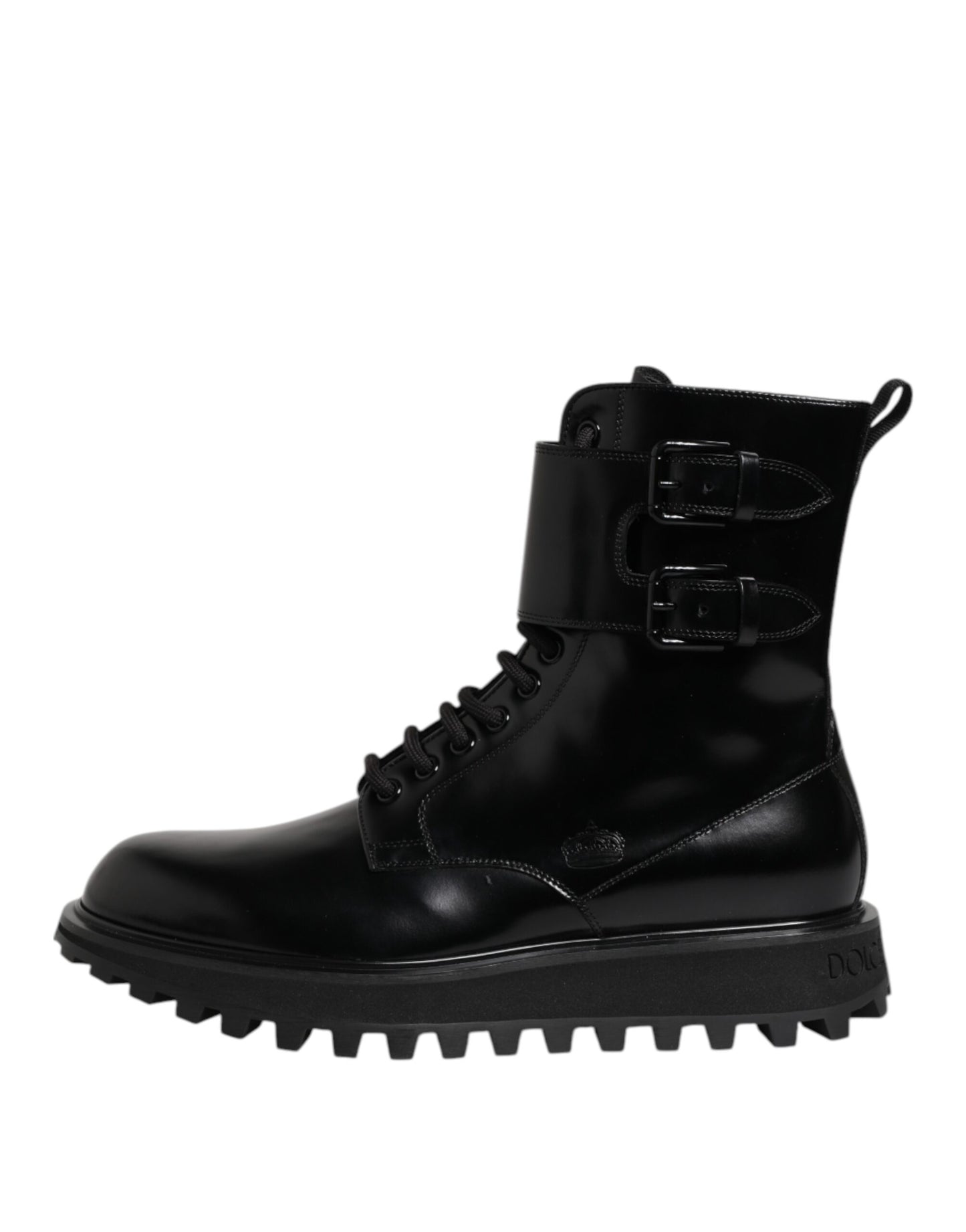 Black Leather Lace Up Mid Calf Boots Shoes-Dolce & Gabbana-LabelTerrace.com