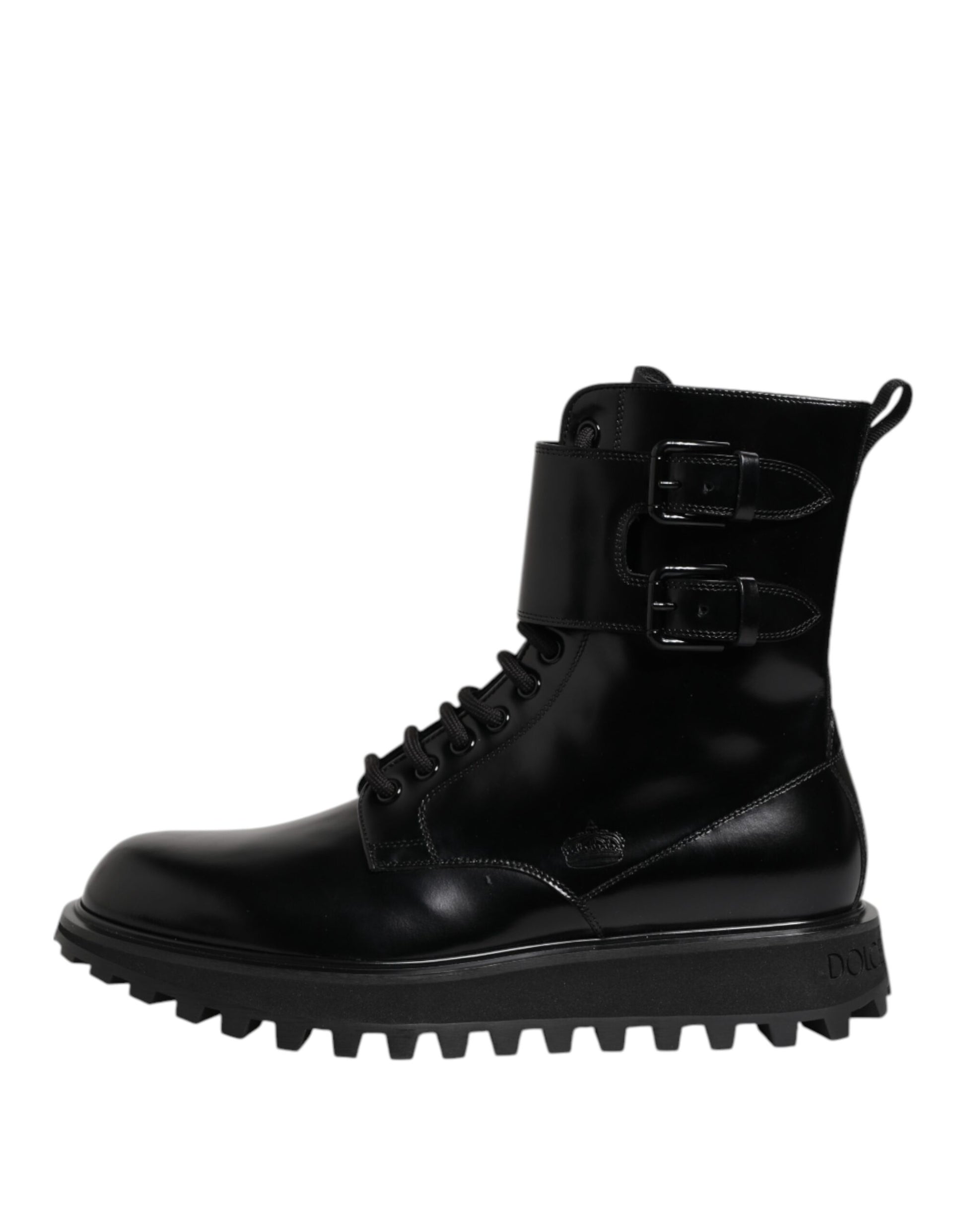 Black Leather Lace Up Mid Calf Boots Shoes-Dolce & Gabbana-LabelTerrace.com