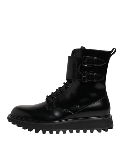 Black Leather Lace Up Mid Calf Boots Shoes-Dolce & Gabbana-LabelTerrace.com