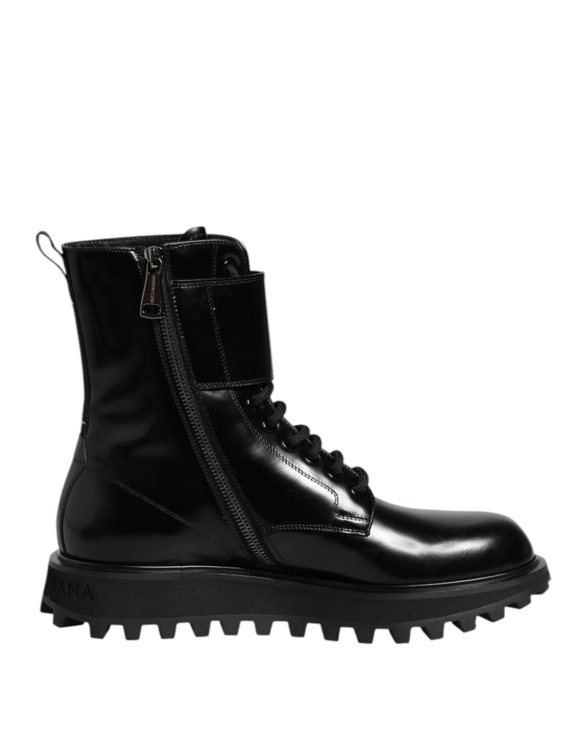Black Leather Lace Up Mid Calf Boots Shoes-Dolce & Gabbana-LabelTerrace.com