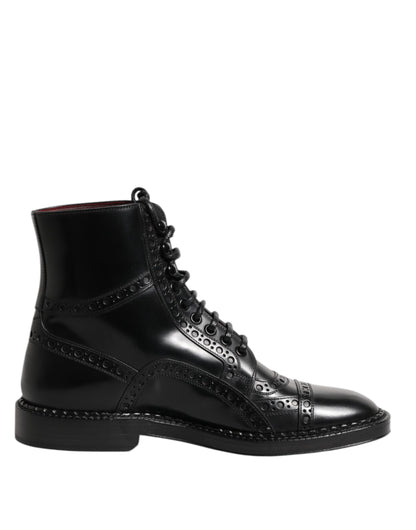 Black Leather Lace Up Mid Calf Boots Shoes-Dolce & Gabbana-LabelTerrace.com