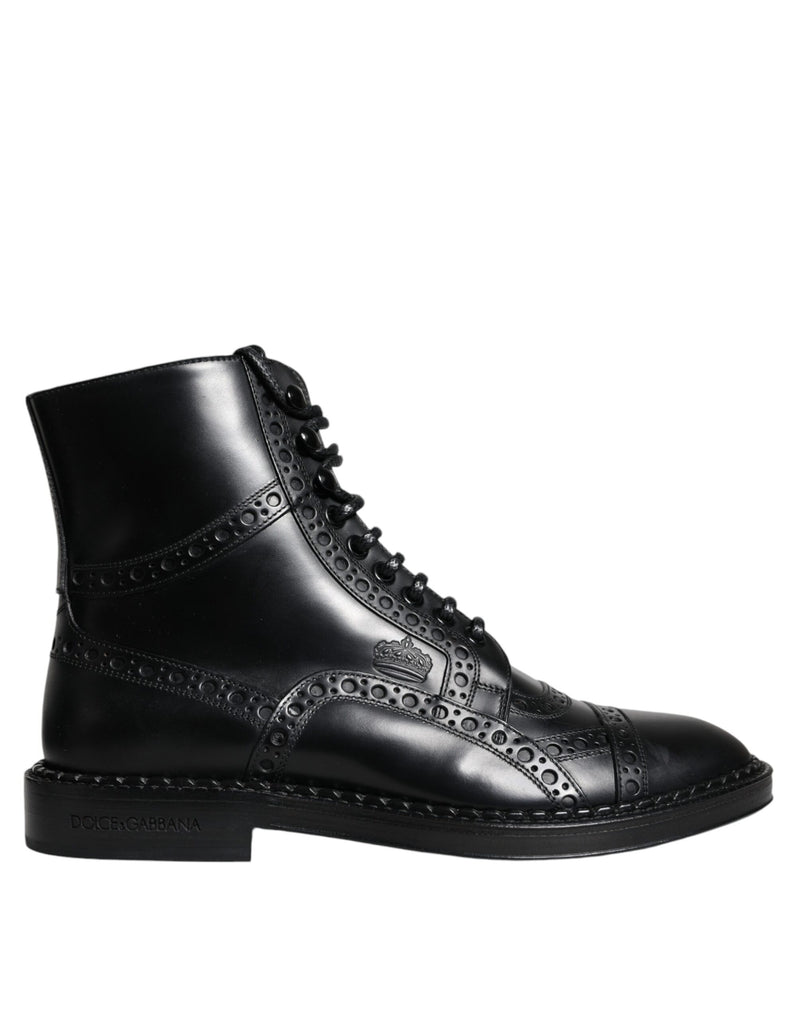 Black Leather Lace Up Mid Calf Boots Shoes-Dolce & Gabbana-LabelTerrace.com