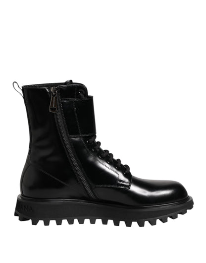 Black Leather Lace Up Mid Calf Boots Shoes-Dolce & Gabbana-LabelTerrace.com