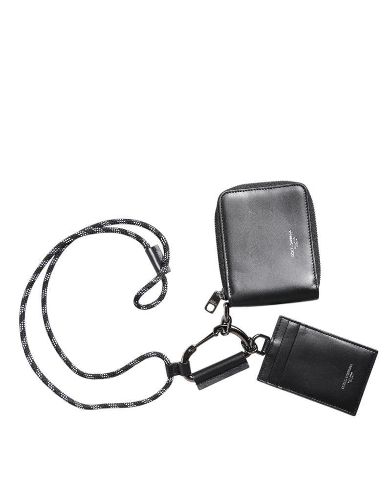 Black Leather Lanyard Zip Around Card Holder Wallet-Dolce & Gabbana-LabelTerrace.com