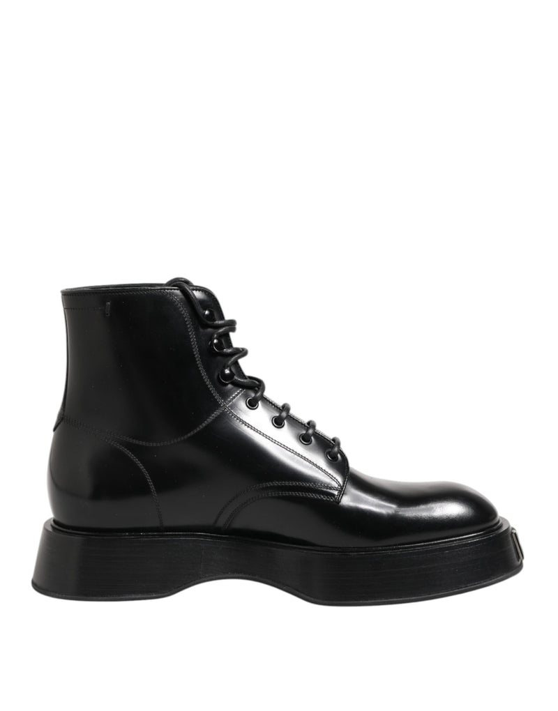 Black Leather Logo Ankle Boots Lace Up Shoes