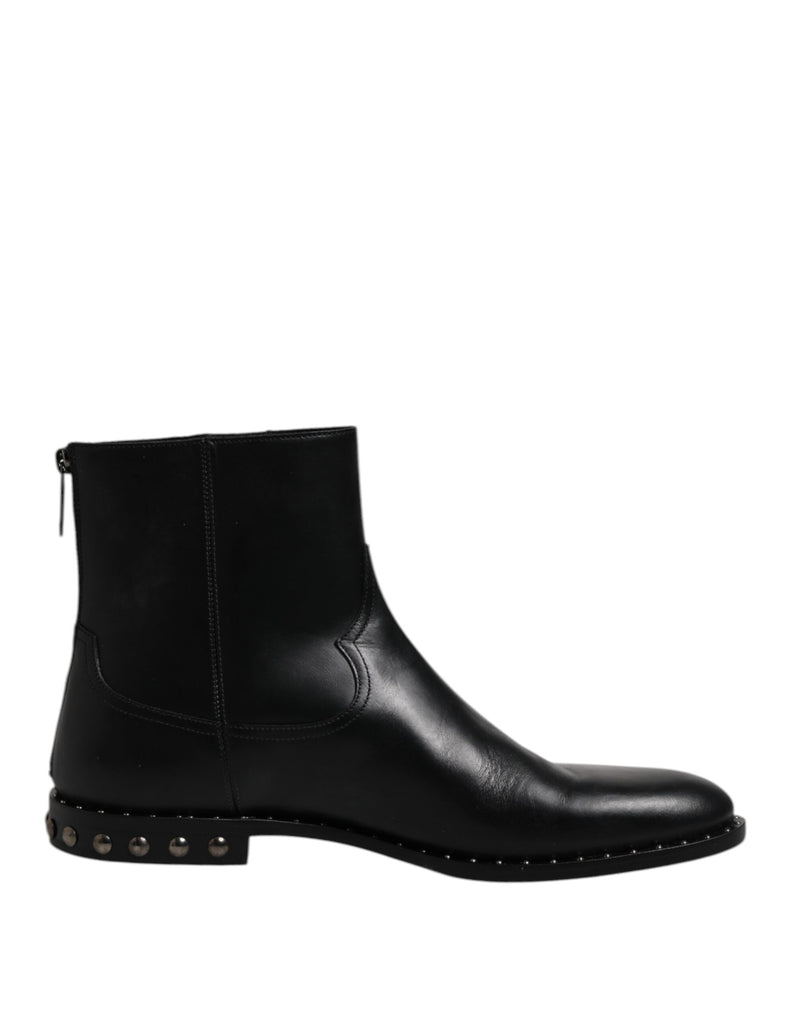 Black Leather Logo Ankle Boots Studded Shoes-Dolce & Gabbana-LabelTerrace.com