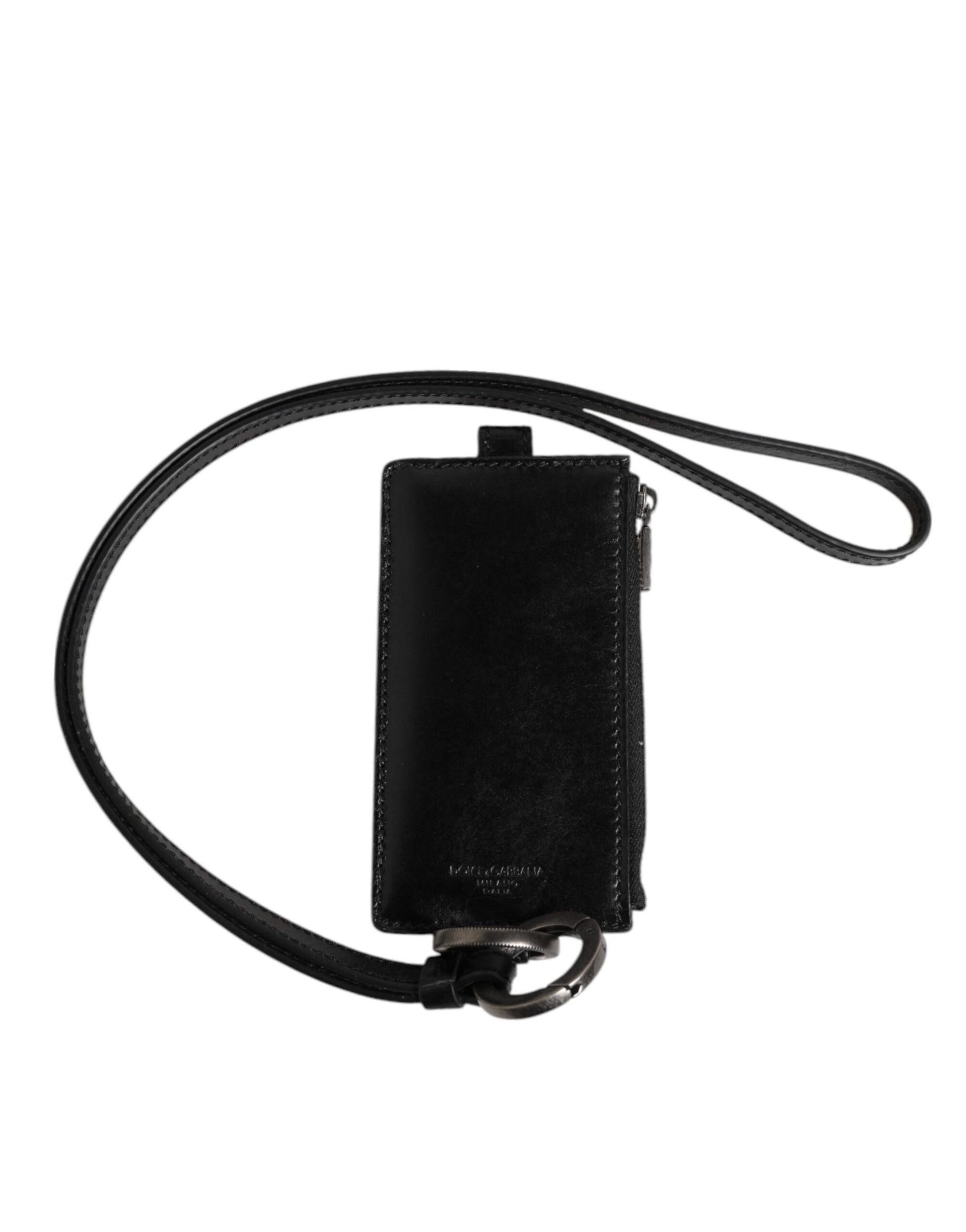Black Leather Logo Embossed Lanyard Card Holder Wallet-Dolce & Gabbana-LabelTerrace.com