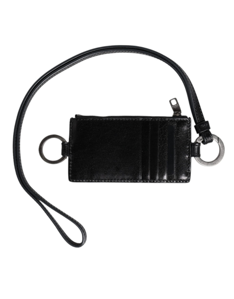 Black Leather Logo Embossed Lanyard Card Holder Wallet-Dolce & Gabbana-LabelTerrace.com
